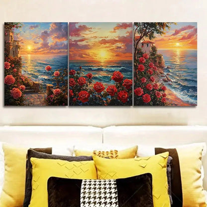 3pcs Sunset Seaside & Blooming Red Roses Wall Art Set Canvas Framed 40x60cm - High Quality Print 100% Australian Made Wall Canvas Ready to Hang - Bella Home Decor
