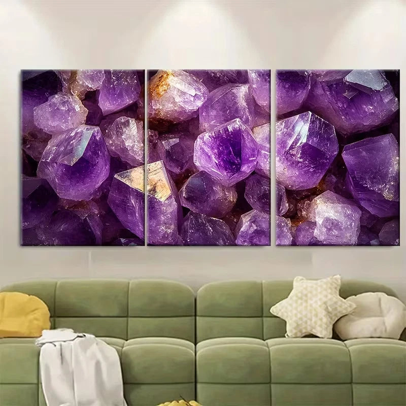 3pcs Lilac Purple Vibrant Amethyst Crystal Metal Print Ready to Hang Art