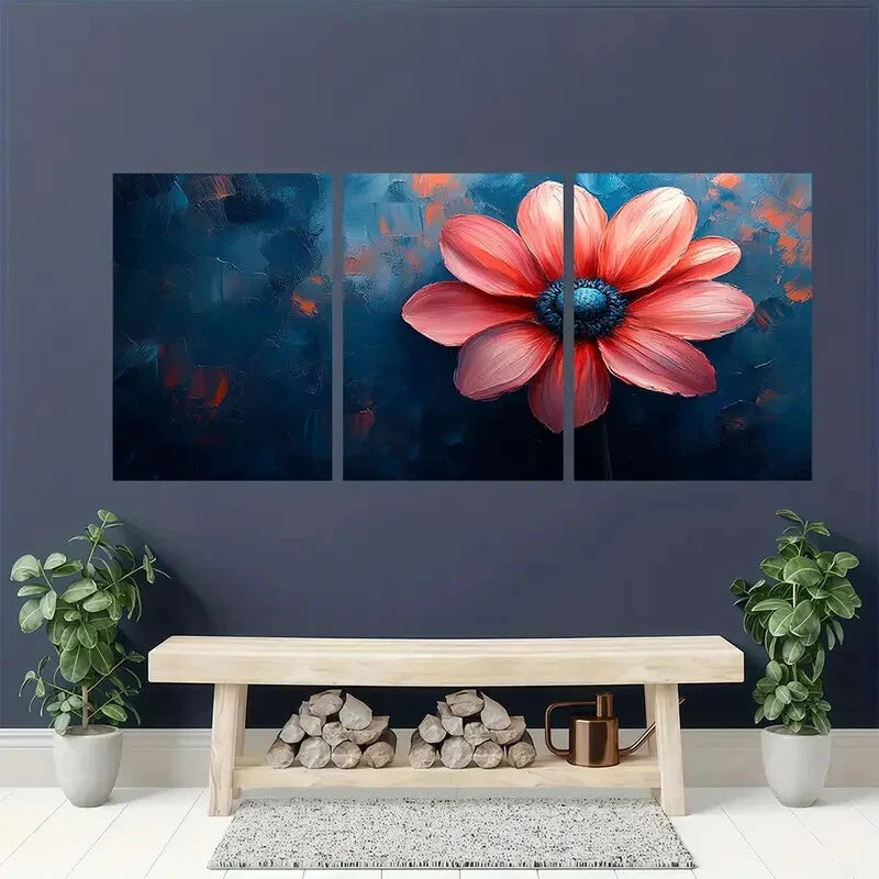 3pcs Vibrant Blue & Pink Floral Design Metal Print Ready to Hang Art - Bella Home Decor