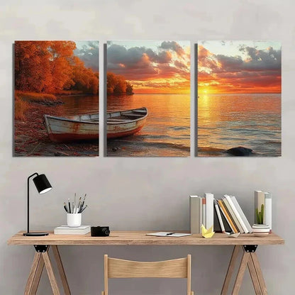 3pcs Serene Lake Scenery with Wooden Boat Wall Art Set Canvas Framed 50x70cm - High Quality Print 100% Australian Made Wall Canvas Ready to Hang - Bella Home Decor