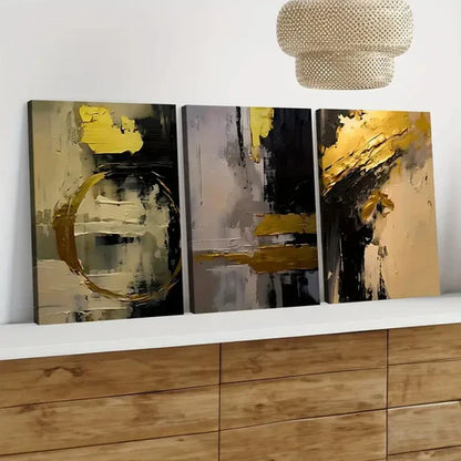 3pcs Golden and Black Abstract Oil Painting Wall Art Set Canvas Unframed - High Quality Print 100% Australian Made Wall Canvas - Bella Home Decor