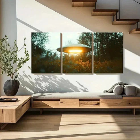 3pcs Ufos In The Mountains And Forests Wall Art Set Canvas Unframed - High Quality Print 100% Australian Made Wall Canvas