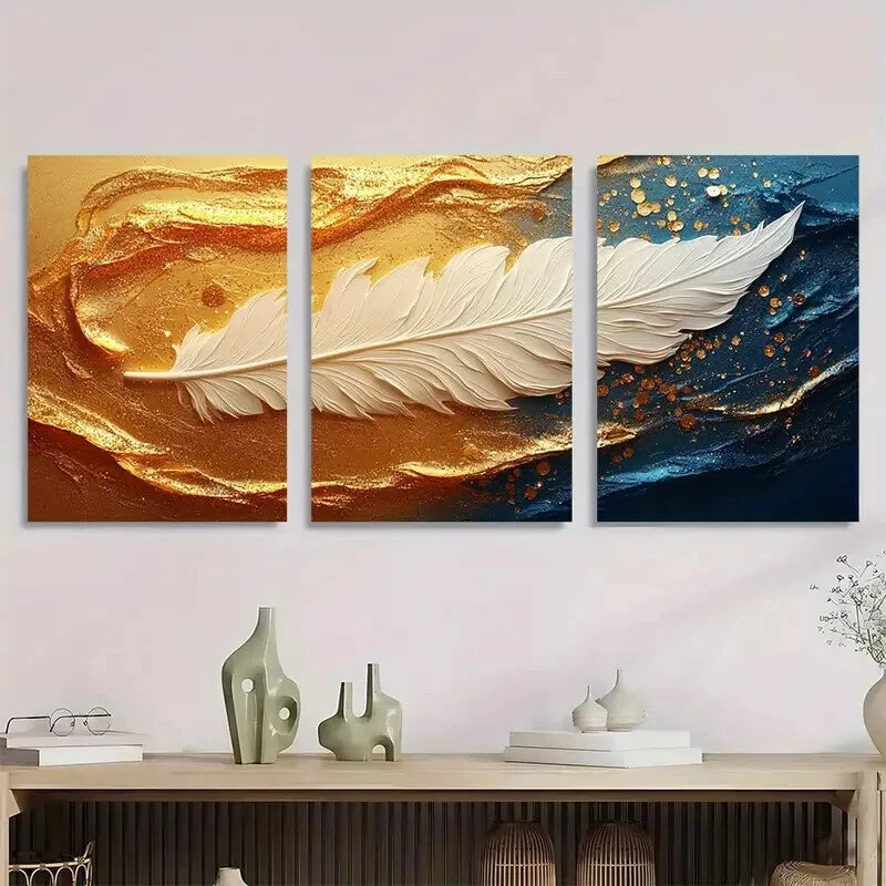3pcs Modern Abstract White and Golden Wings Metal Print Ready to Hang Art - Bella Home Decor