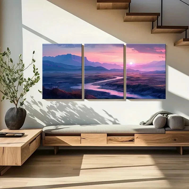 3pcs Sunset Landscape Mountain View River Flow Metal Print Ready to Hang Art - Bella Home Decor
