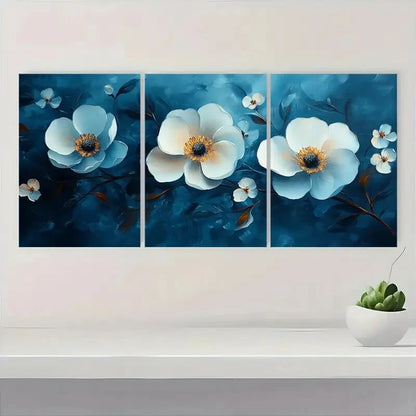 3pcs Abstract White Floral Flower Oil Painting Metal Print Ready to Hang Art