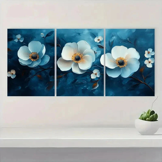 3pcs Abstract White Floral Flower Oil Painting Metal Print Ready to Hang Art