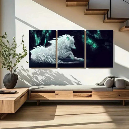 3pcs White Wolf Modern Fantasy Animal  Wall Art Set Canvas Framed 50x70cm - High Quality Print 100% Australian Made Wall Canvas Ready to Hang
