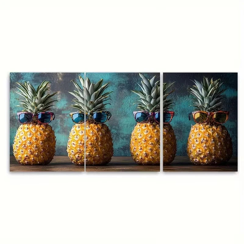 3pcs Funny Pineapples in Glasses Wall Art Set Canvas Framed 40x60cm - High Quality Print 100% Australian Made Wall Canvas Ready to Hang - Bella Home Decor