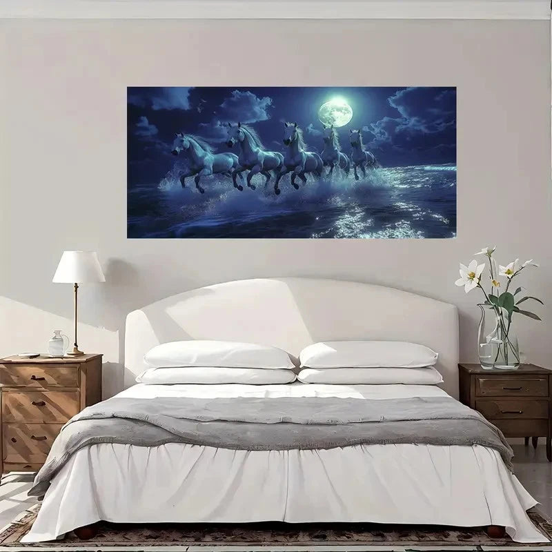 Galloping White Horses Wall Art Canvas Office Home Room Framed 120x60cm