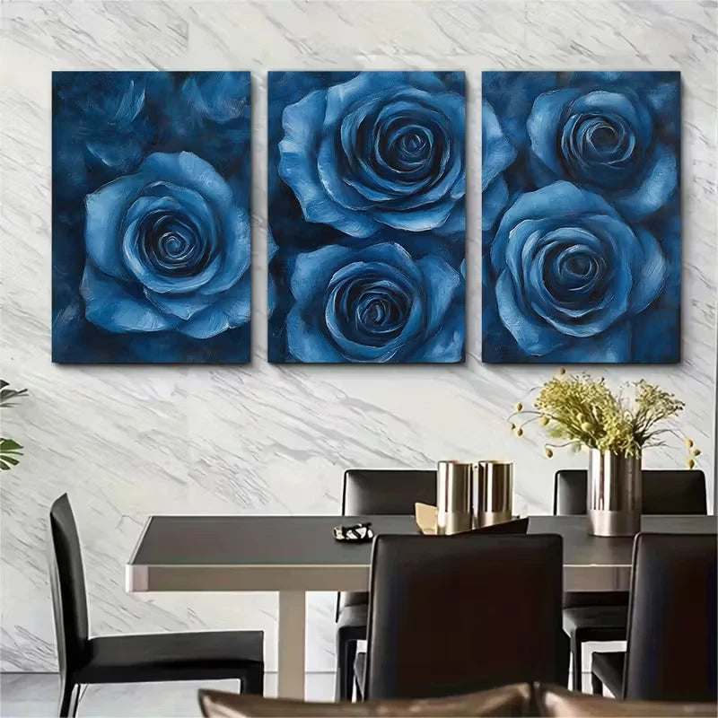 3pcs Deep Blue Roses Metal Print Ready to Hang Art - Bella Home Decor