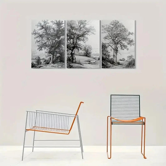 3pcs Black and White Nature Tree Sketch Metal Print Ready to Hang Art