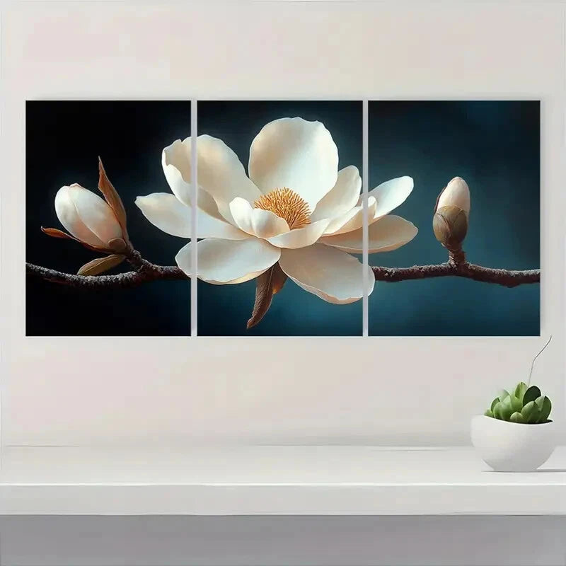 3pcs Elegant White Magnolia Flower Serene Floral Metal Print Ready to Hang Art - Bella Home Decor