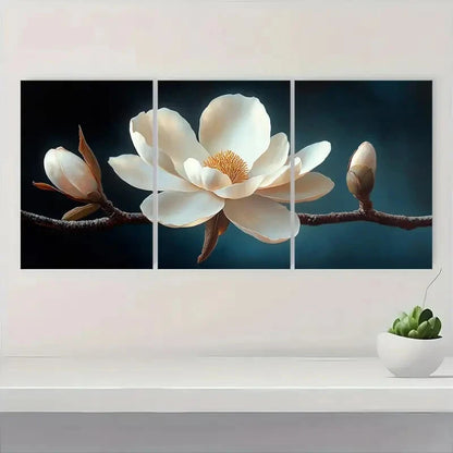 3pcs Elegant White Magnolia Flower Serene Floral Metal Print Ready to Hang Art - Bella Home Decor