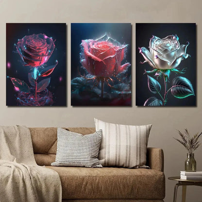 3pcs Beautiful Crystal Rose Bouquet Metal Print Ready to Hang Art - Bella Home Decor