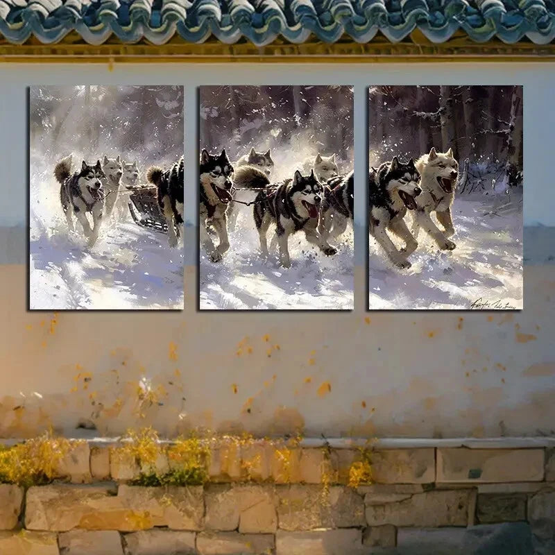3pcs Sled Dog Pulling Illustration Metal Print Ready to Hang Art - Bella Home Decor