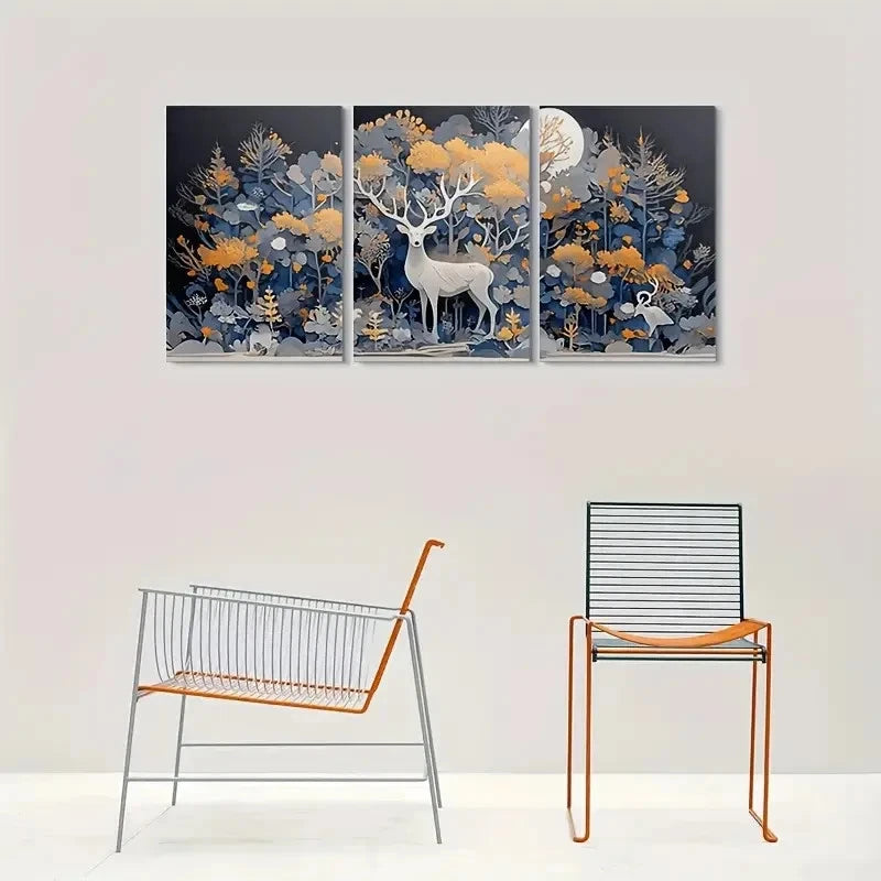 3pcs Enchanted Forest Moonlit Deer Wall Art Set Canvas Framed 60x90cm - High Quality Print 100% Australian Made Wall Canvas Ready to Hang