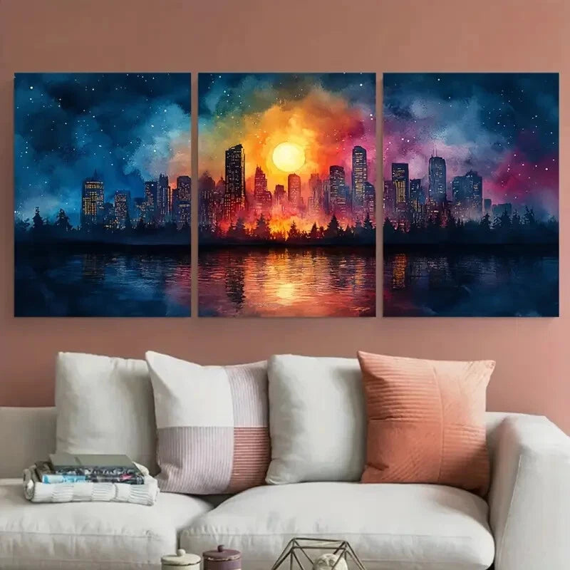 3pcs Vibrant Cityscape Night Abstract Watercolor Metal Print Ready to Hang Art - Bella Home Decor