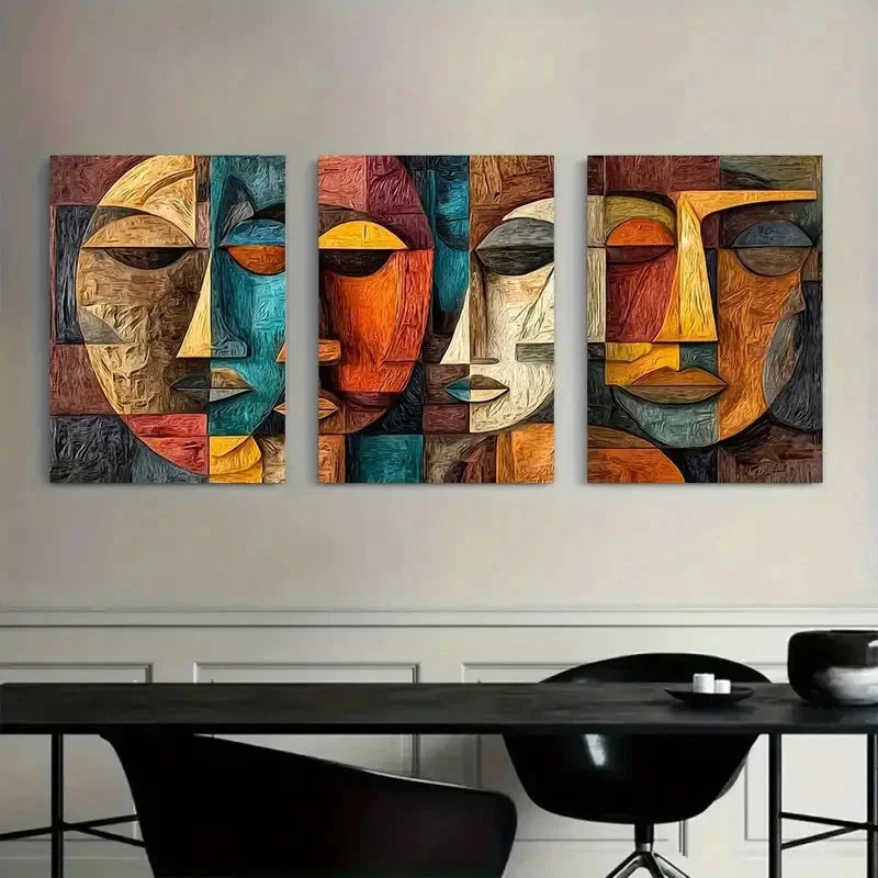 3pcs Retro Art Painting Cubist Faces Metal Print Ready to Hang Art
