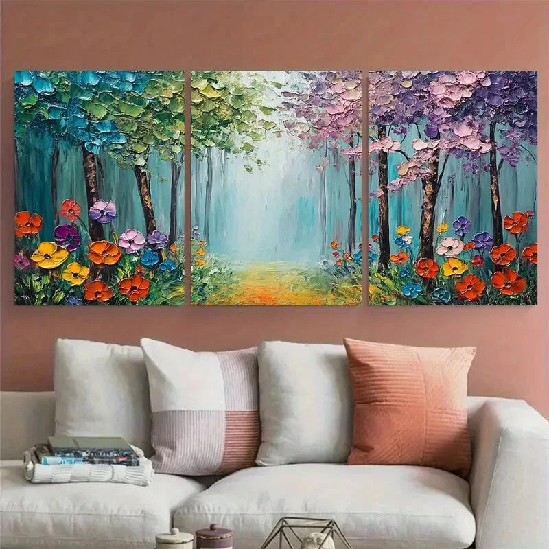 3pcs Colorful Flower and Green Tree Tranquil Metal Print Ready to Hang Art - Bella Home Decor
