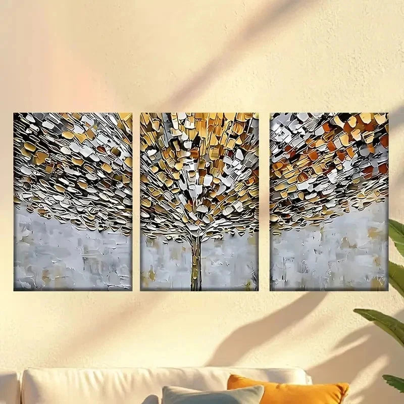 3pcs Vibrant Abstract Tree with Golden Leaves Wall Art Set Canvas Framed 40x60cm - High Quality Print 100% Australian Made Wall Canvas Ready to Hang