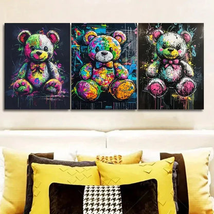3pcs Colorful teddy bear graffiti Wall Art Canvas Unframed - High Quality Print 100% Australian Made Wall Canvas - Bella Home Decor