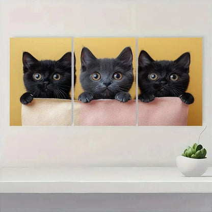 3pcs Adorable Black Playful Cats Painting Metal Print Ready to Hang Art - Bella Home Decor