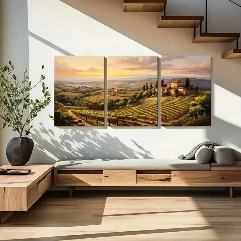 3pcs Sunset Vineyard Tuscan Hills Rural Landscape Metal Print Ready to Hang Art - Bella Home Decor
