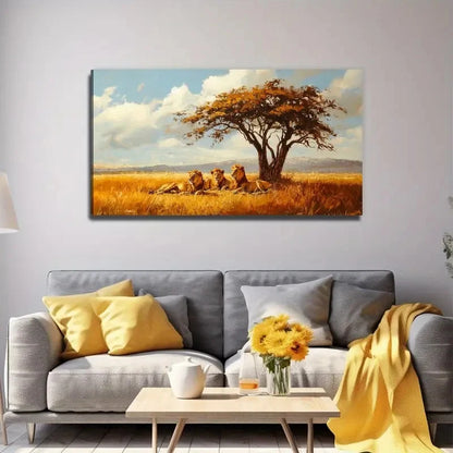 Lions In The Grassland Unique Wall Art Canvas Office Home Room Framed 120x60cm
