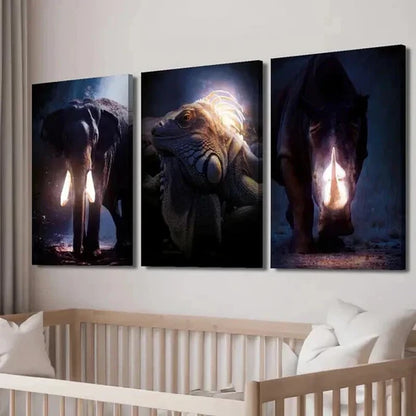 3pcs Glowing Elephant Iguana & Rhino Wall Art Canvas Unframed - High Quality Print 100% Australian Made Wall Canvas - Bella Home Decor