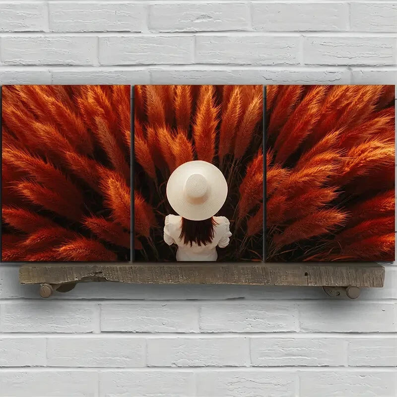 3pcs Abstract Grass Straw Hat Modern Metal Print Ready to Hang Art - Bella Home Decor