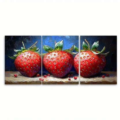 3pcs Vibrant Red & Green Strawberries Fruit Wall Art Set Canvas Framed 60x90cm - High Quality Print 100% Australian Made Wall Canvas Ready to Hang - Bella Home Decor