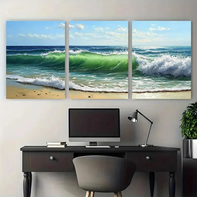 3pcs Green Sea Waves Nature Landscape Beach Metal Print Ready to Hang Art