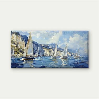Sailboats on Sea with Cliffs Wall Art Canvas Office Home Room Framed 120x60cm