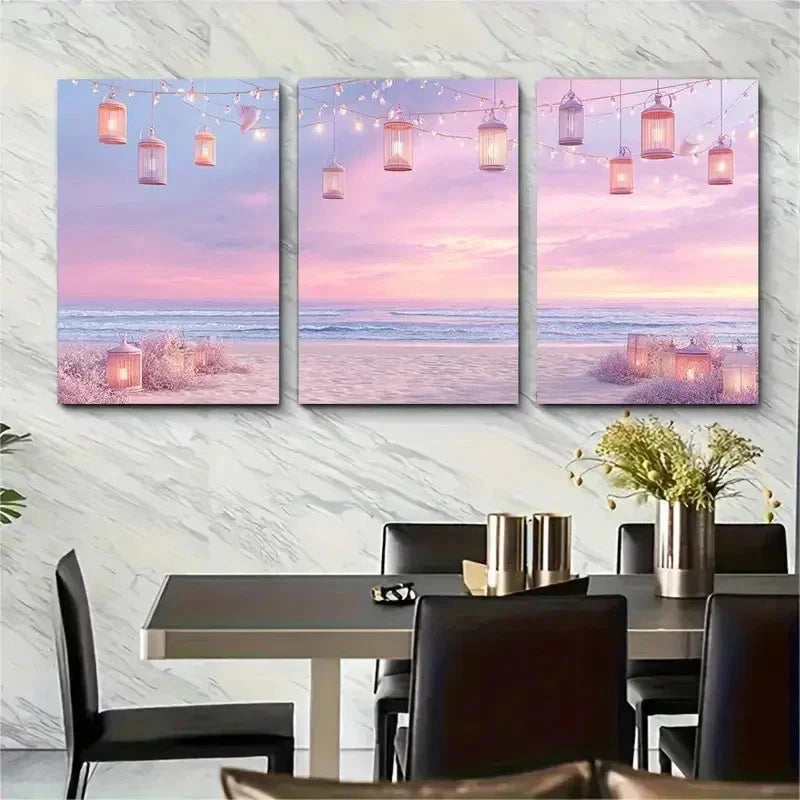 3pcs Beach Backdrop Pastel Dreamy Beach Perfect Wall Art Set Canvas Framed 50x70cm - High Quality Print 100% Australian Made Wall Canvas Ready to Hang - Bella Home Decor