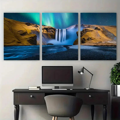 3pcs Skogafoss Waterfall Northern Lights Icelandic Metal Print Ready to Hang Art - Bella Home Decor
