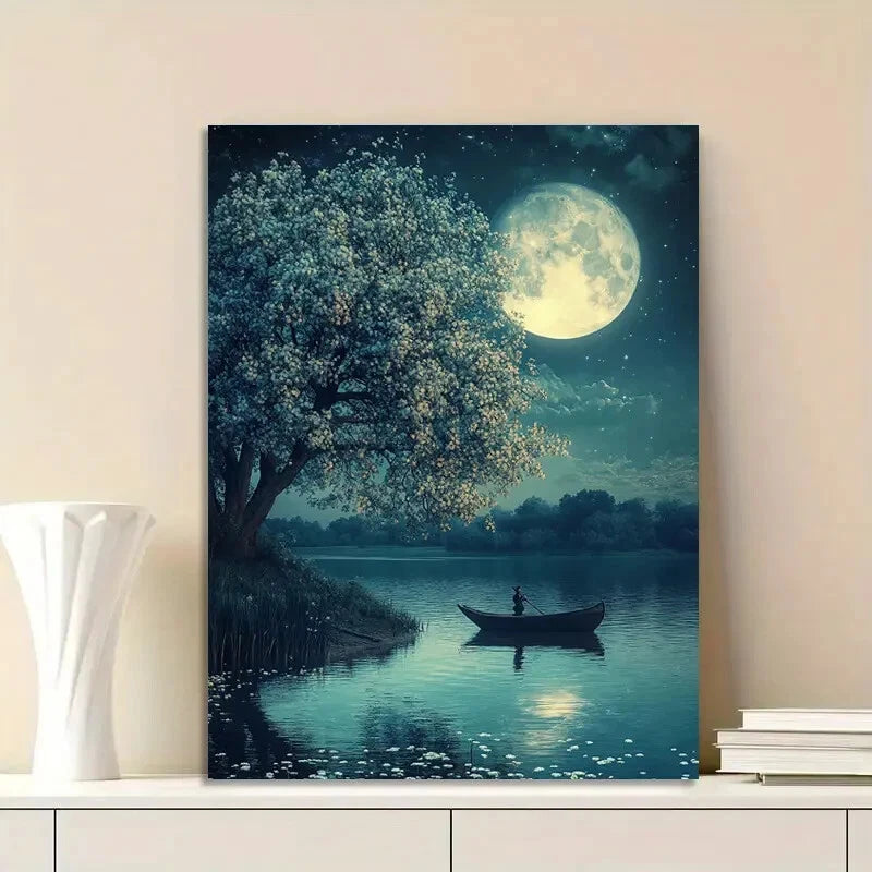Moonlit Water Serene Vintage Style Painting 40x60cm Metal Print Ready to Hang - Bella Home Decor