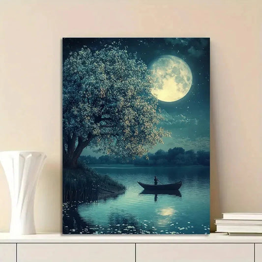 Moonlit Water Serene Vintage Style Painting 40x60cm Metal Print Ready to Hang - Bella Home Decor