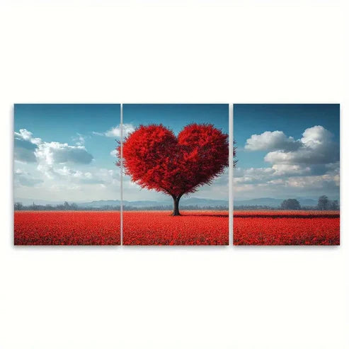 3pcs Romantic Heart Shaped Tree Red Meadow Scene Wall Art Canvas Unframed - High Quality Print 100% Australian Made Wall Canvas