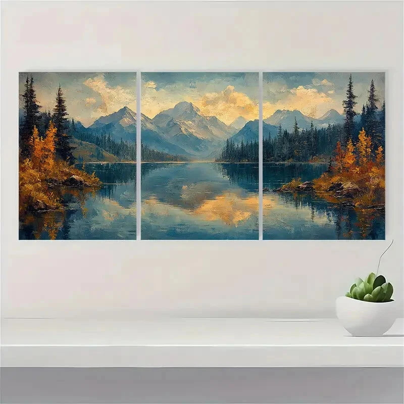3pcs Rustic Lake Painting Mountain Landscape Metal Print Ready to Hang Art - Bella Home Decor