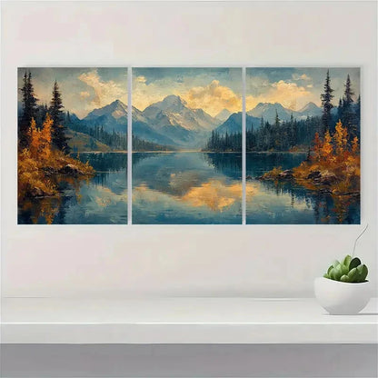 3pcs Rustic Lake Painting Mountain Landscape Metal Print Ready to Hang Art - Bella Home Decor