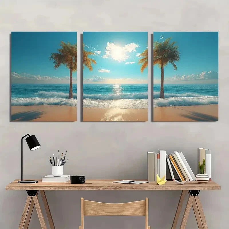 3pcs Tropical Beach Palm Trees & Ocean Landscape Metal Print Ready to Hang Art