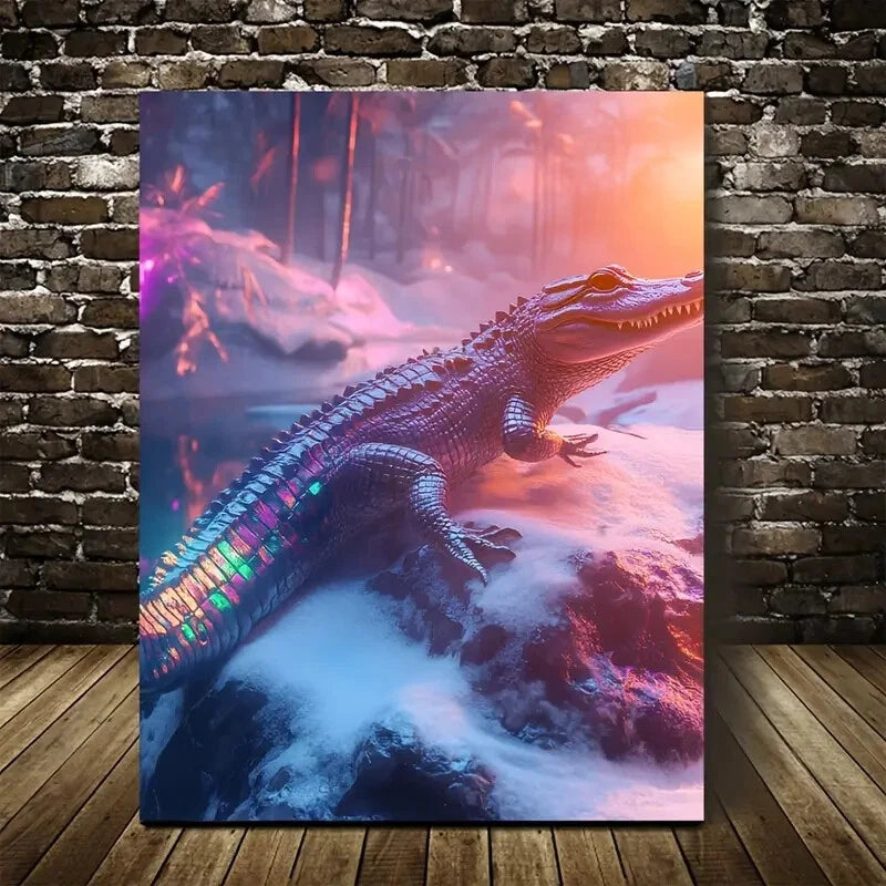 Beautiful Vibrant Cyberpunk Crocodile Painting 40x60cm Metal Print Ready to Hang - Bella Home Decor