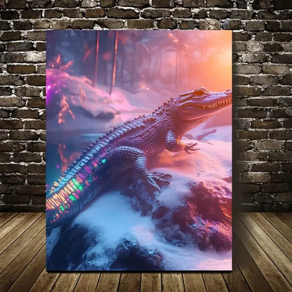 Beautiful Vibrant Cyberpunk Crocodile Painting 40x60cm Metal Print Ready to Hang - Bella Home Decor