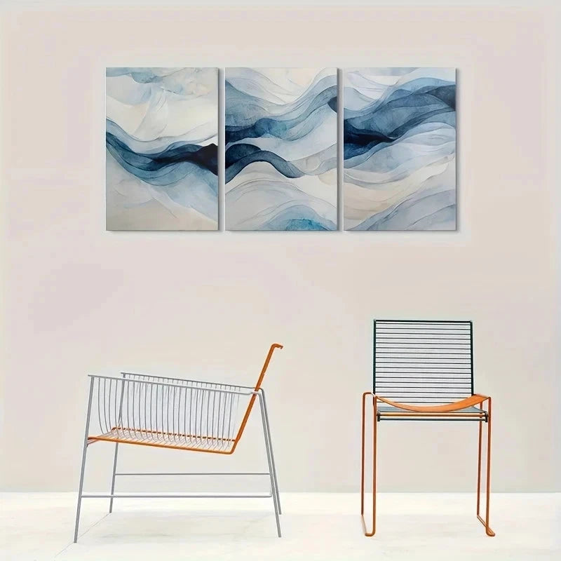 3pcs Abstract Watercolor Blue & White Waves Metal Print Ready to Hang Art - Bella Home Decor