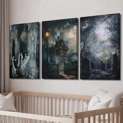 3pcs Retro Haunted Halloween Mansion Wall Art Set Canvas Unframed - High Quality Print 100% Australian Made Wall Canvas