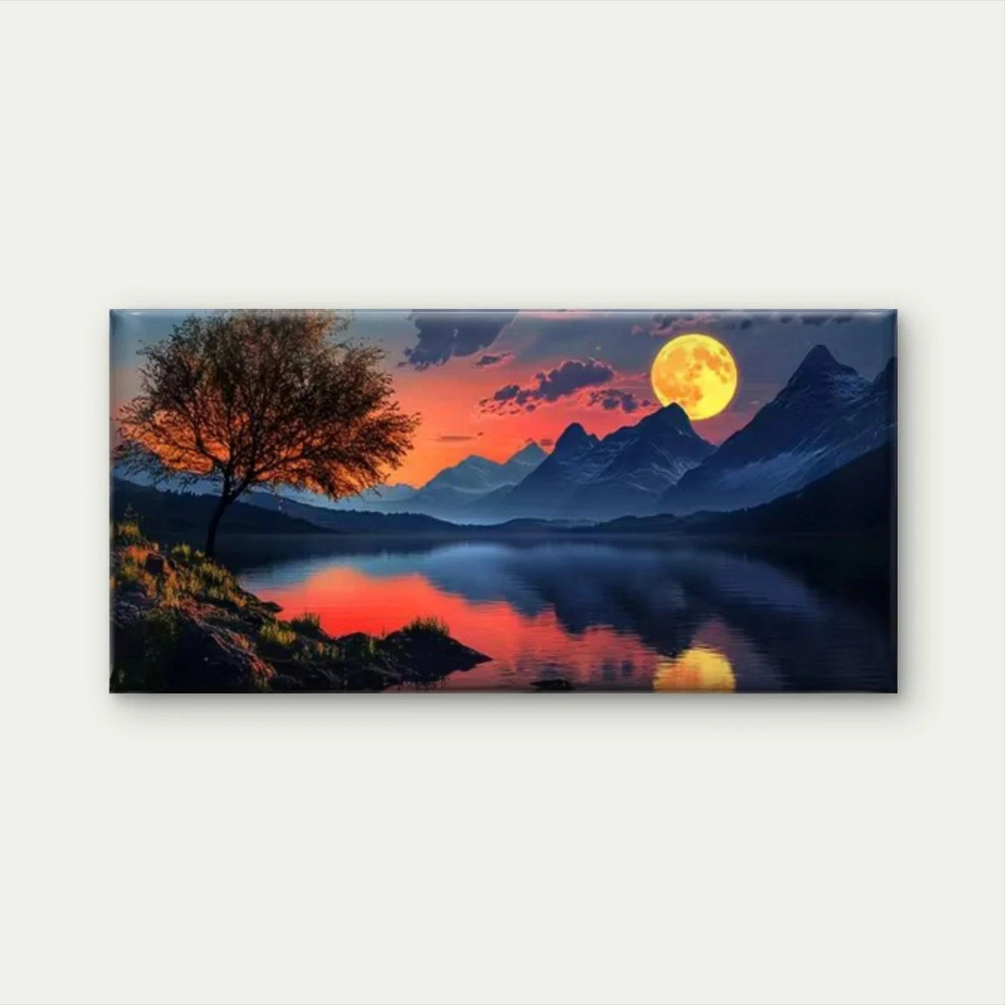 Mountain River Scene with Moon Wall Art Canvas Office Home Room Framed 120x60cm