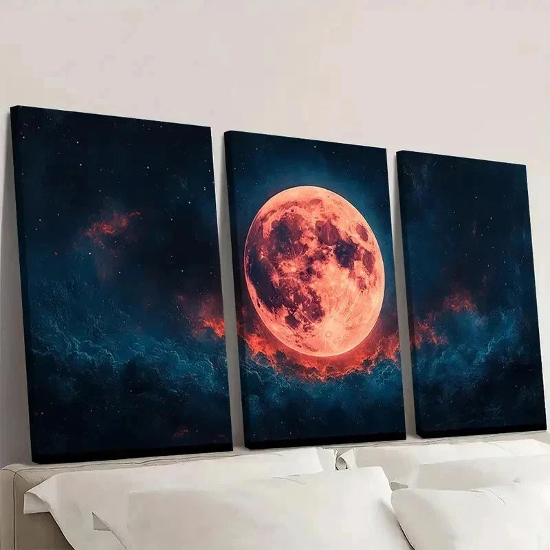 3pcs Vibrant Moon Cosmic Night Sky Art l Wall Art Set Canvas Framed 60x90cm - High Quality Print 100% Australian Made Wall Canvas Ready to Hang