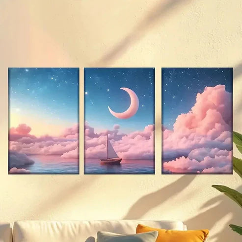 3pcs Serene Ocean Scene with Sailboat Crescent Wall Art Set Canvas Unframed - High Quality Print 100% Australian Made Wall Canvas