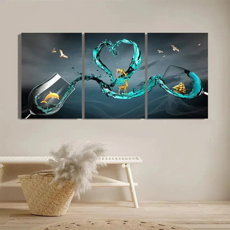 3pcs Glass Wine Glass Art Golden Dolphin Metal Print Ready to Hang Art - Bella Home Decor