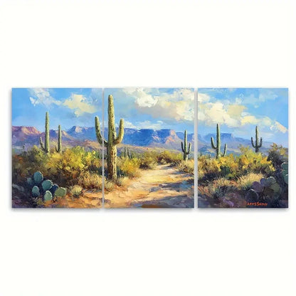 3pcs Saguaro Cactus Landscape Impasto Design Wall Art Set Canvas Framed 40x60cm - High Quality Print 100% Australian Made Wall Canvas Ready to Hang